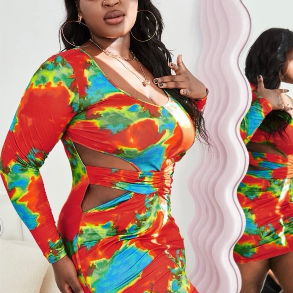 NWT SHEIN Plus Tie Dye Ruched cut out Bodycon Dress